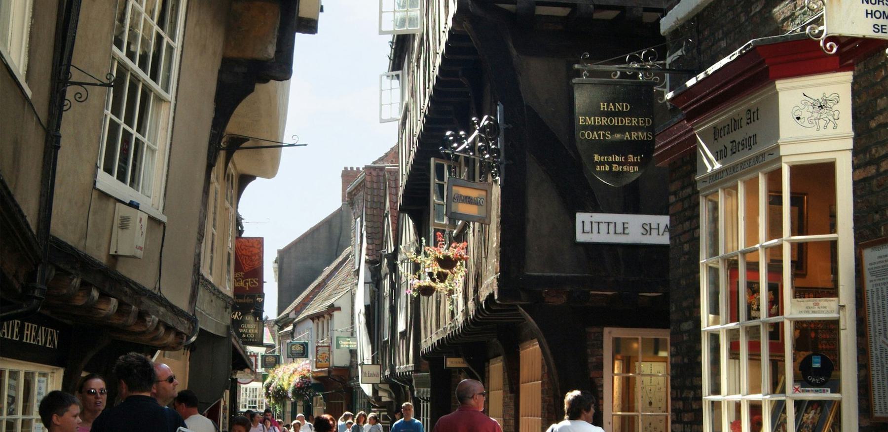 The Shambles on a busy day looking down to Little Shambles in York